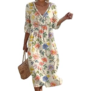 Summer Dresses for Women 3/4 Sleeve Floral Pleated Lace Boho Beach Dresses