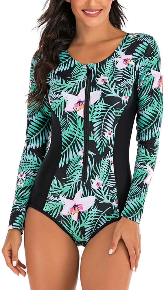 Color Greeen Size S Dfghbn Womens Rushguard Ladies Floral Swimwear Long Sleeve Surfing Swimsuit One Piece