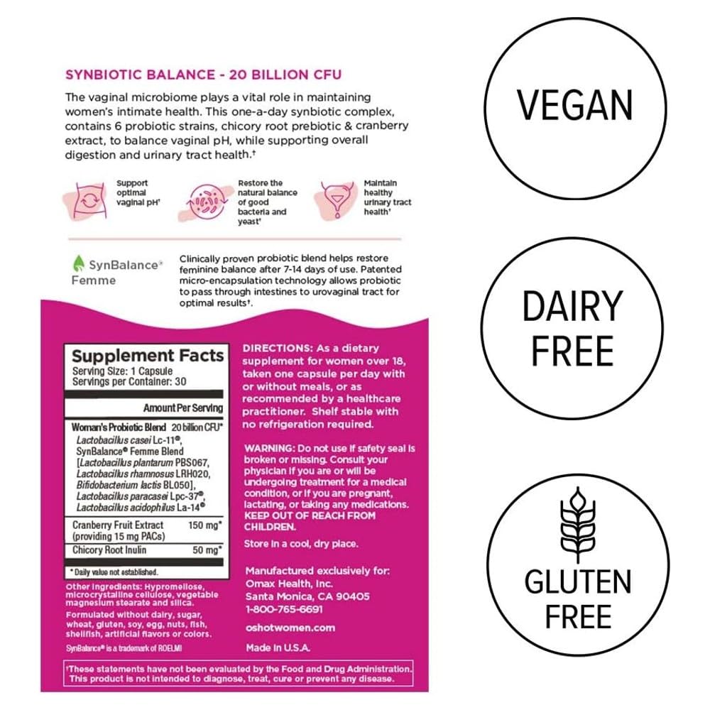 2 Pack Vegan Vaginal Probiotic + Prebiotic for Women, Cranberry Extract, Chicory Root, Vaginal pH, Urinary Tract, Digestion, Bloating, Non Dairy, Non GMO, Gluten Free, 60 Vege-Capsules