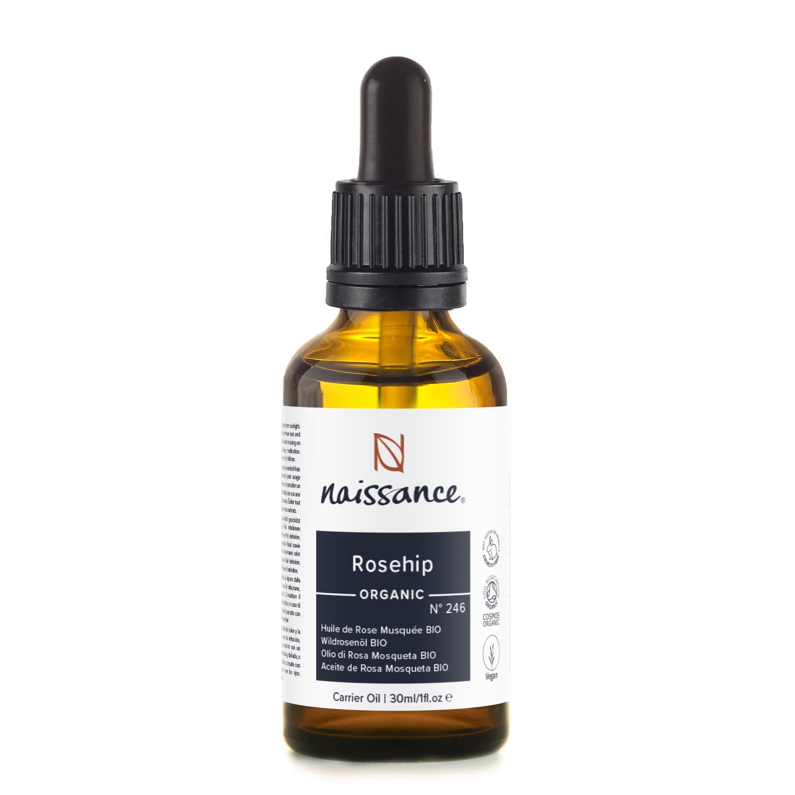 Naissance Organic Rosehip Seed Oil (Rosa Canina) (no. 246) - 30ml - Natural, Certified Organic, Vegan - for Face, Skin, Hair, Body