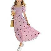 Sunny Spirit Girls Maxi Dress Tween Dresses for Girl Spring Summer Boho Floral Short Puff Sleeve Smocked Cotton 5-14 Years