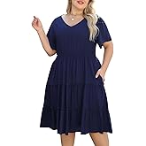 Nemidor Womens Plus Size Summer Midi Dress Casual Tiered Floral Print Beach Swing Boho Dresses with Pocket 16-26