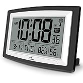 WallarGe 12.5 Inch Atomic Clock with Indoor Temperature and Humidity | Battery Operated Digital Wall or Desk Clock, Auto DST, Large Display for Seniors, Self-Setting, for Classroom, Garage, Office