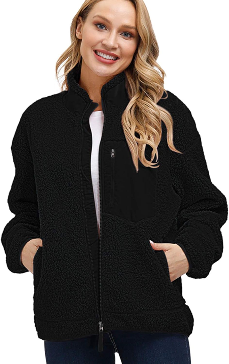 Kisscynest Women's Full Zip Fleece Jacket Stand Collar Fuzzy Fluffy Warm Winter Sherpa Coat: Clothing