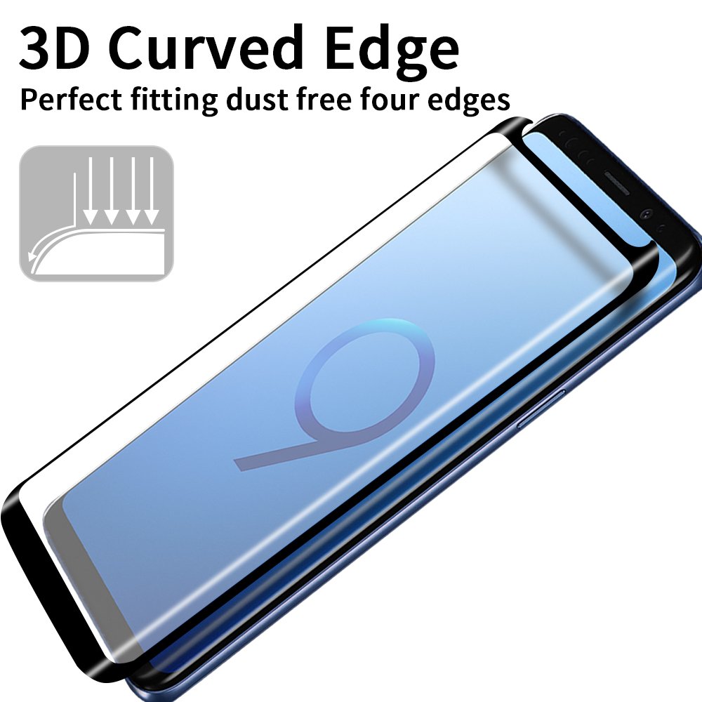Tembin S9 Curved Edge Glass Screen Protector, 2 Pack Full Adhesive [ Leather Case Friendly ] Premium HD Clear Full Coverage Screen Film Dust Free Anti Scratch Screen Cover for Samsung Galaxy S9