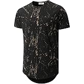 KLIEGOU Mens Hipster Hip Hop Ripped Round Hemline Pattern Print T Shirt