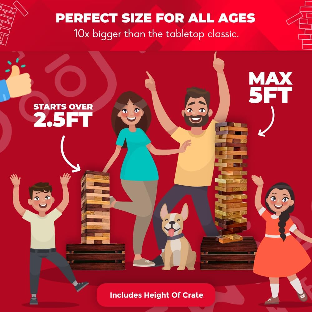 SWOOC Games - Reclaimed Giant Tower Game (Weather Resistant) 60 Blocks + Storage Crate/Outdoor Game Table | Stacks up to 5ft | Giant Outdoor Tower for Adults | Large Yard Activity | Jumbo Lawn Fun