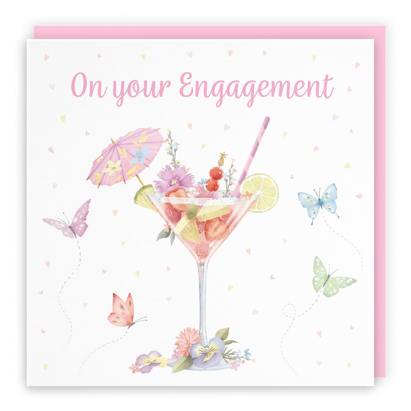 Hunts England - Pink Cocktail And Butterflies Engagement Congratulations Card For Couple - Milo's Gallery - On Your Engagement