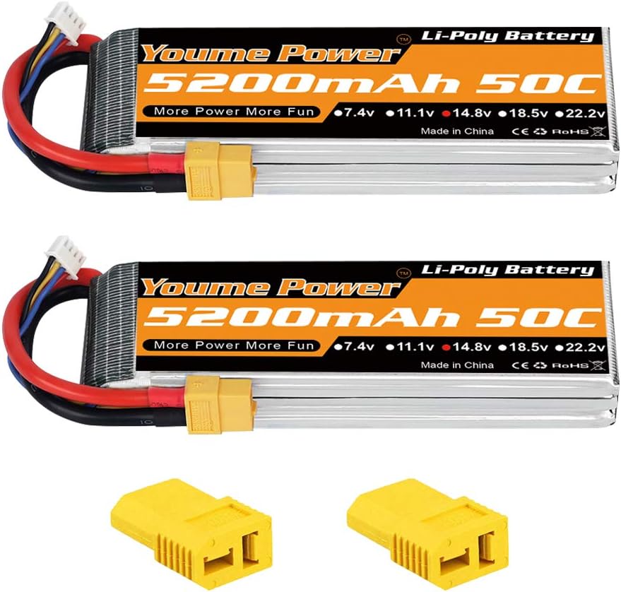 Youme 4s lipo Battery 5200mAh, 14.8v Lipo Battery 50C XT60 and Deans T Connector for RC Car RC Truck, RC Truggy