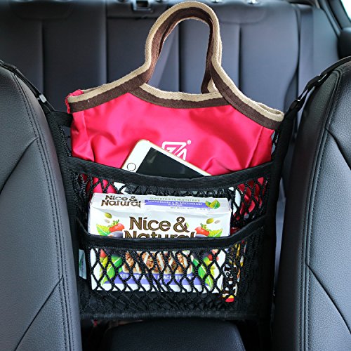 AMEIQ 3-Layer Car Mesh Organizer with Leather Box, Seat Back Net Bag, Barrier of Backseat Pet Kids, Cargo Tissue Purse Holder, Driver Storage Netting Pouch. (3 Optional Styles)