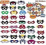 KAIIZAN Superhero Masks 33 Piece Plus 105 Stickers, Eye Masks, Birthday Supplies