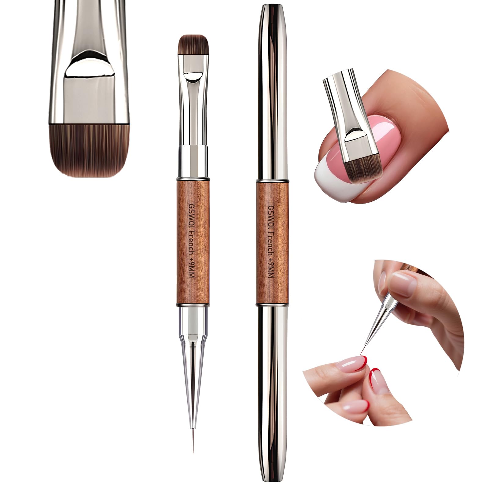 Photo 1 of ***MISSING PIECES**** GSWOI Dual Head Acrylic Nail Brush-French Tip & 9mm Liner with Cleaning Brush for Builder Gel,Polygel & Design-Wood Handle & Metal Caps