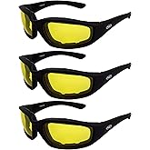 Global Vision Kickback Black Foam Padded Motorcycle Riding Sunglasses 3 Pair with Yellow Lenses