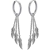 MALOYANVE Feather Dangle Earrings for Men Women 316L Surgical Stainless Steel Huggie Hoop Dangle Earrings Punk Hip Hop Vintage Feather Drop Earrings