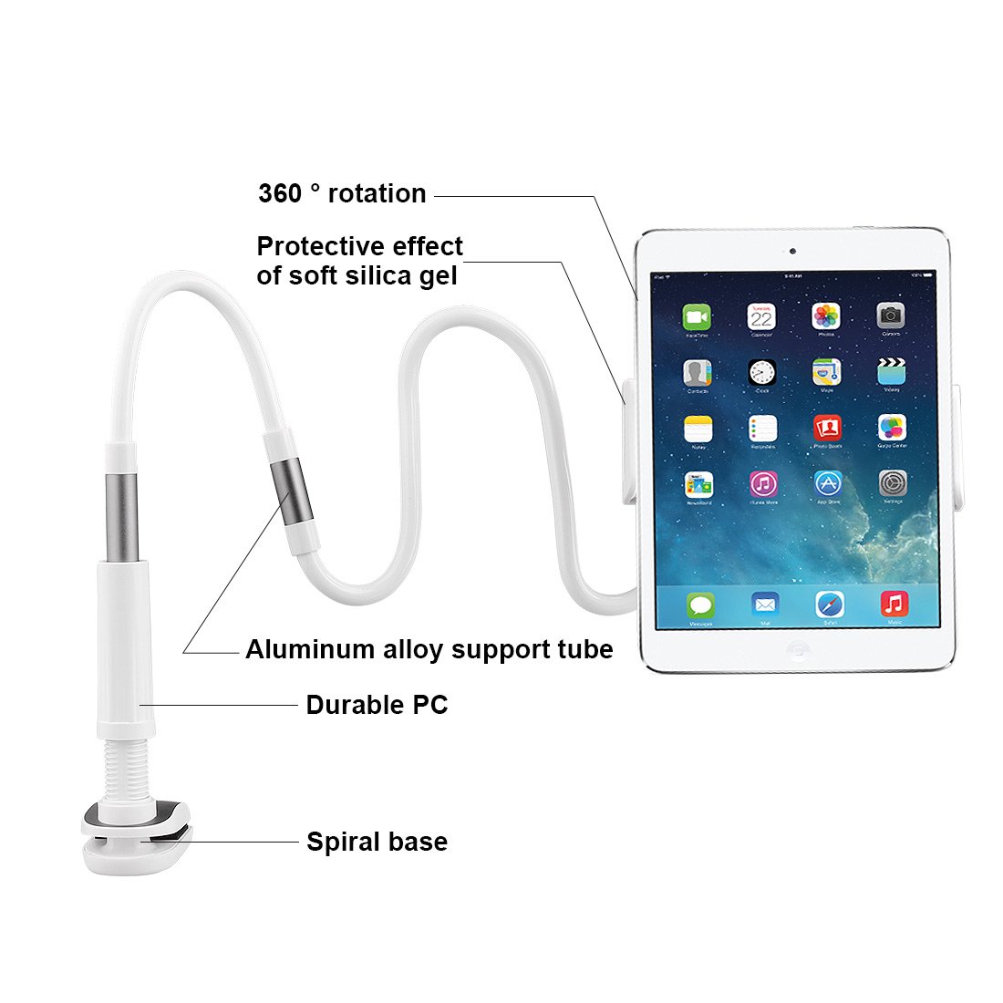 AcTopp Soporte Tablets Soporte Moviles 2017 Nuevo con Tres Betas Abrazos Flexibles Giratorio 360º Para Mesa Asiento Escritorio Cabecera de Cama Mesilla Estirado 11.5-18.5CM para iPad Tablets y Móviles de Pantalla Grande Color Gris