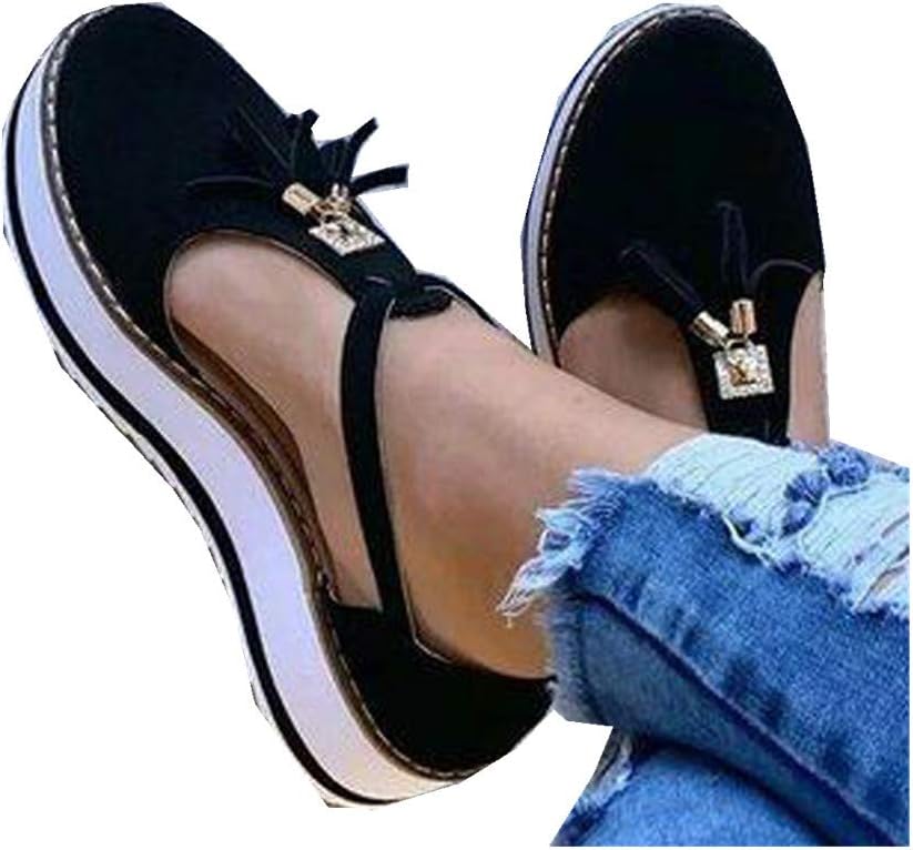 Cenglings Platform Loafers,Women's Tassel Round Toe Hollow Out T-Strap Wedge Sandals Buckle Ankle Strap Casual Beach Sneakers