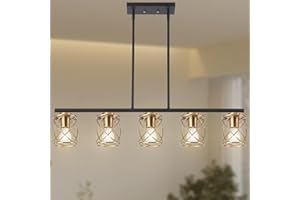 mavcadonf Kitchen Island Light, 5-Light Dining Room Lighting Fixtures Hanging, Farmhouse Linear Pendant Light for Kitchen Island Table Living Room with Adjustable Rods, Matte Black Gold