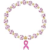 LLMSIX Breast Cancer Bracelets Beads Pink Ribbon Charm Flower Beaded Wrist Bracelet for Women Breast Cancer Awareness Accessories Encouragement Care Gift