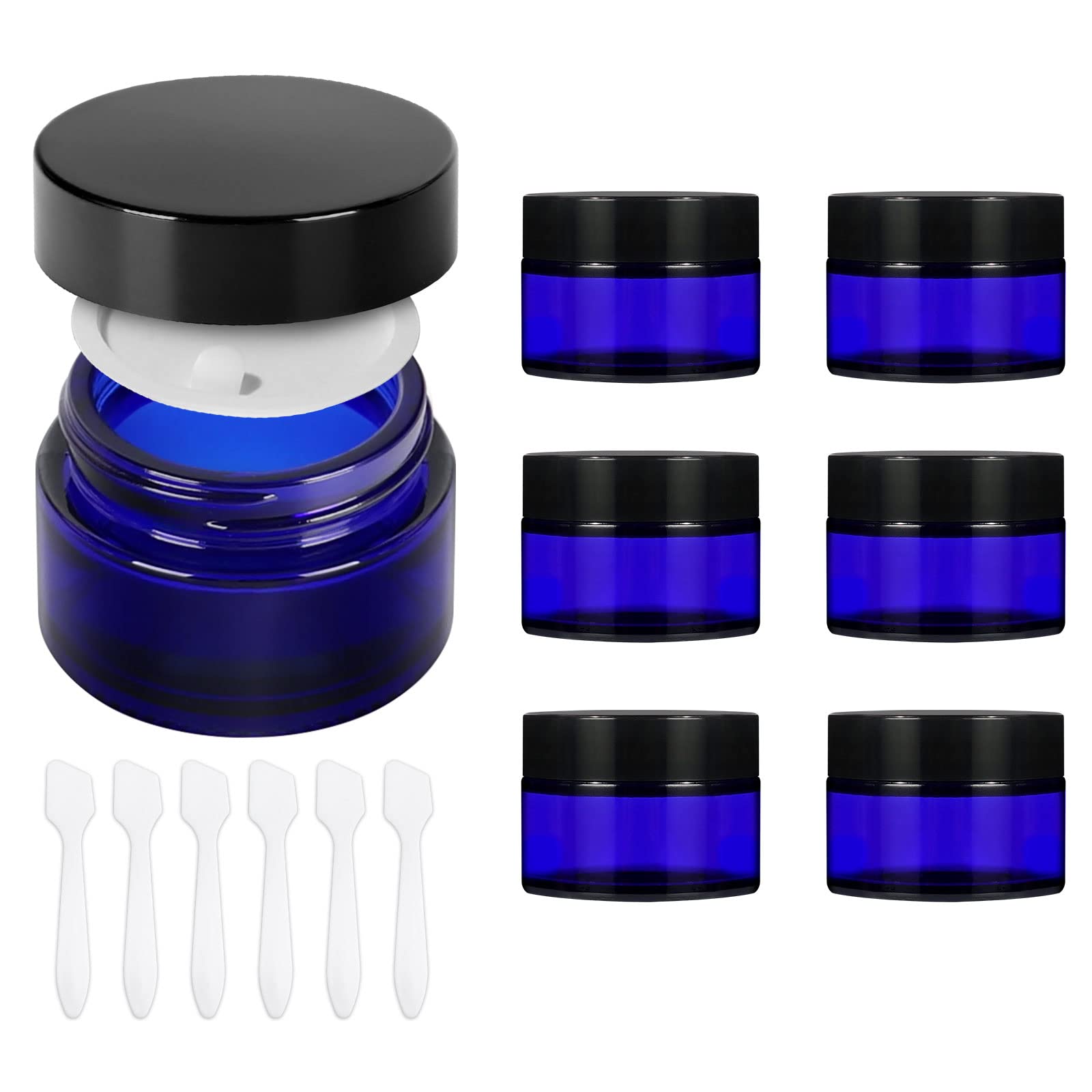 Yishik 6 Pack 30ml Blue Glass Jars with Lids,1 oz Empty Cosmetic Jars for Face Cream Travel Containers,Yishik Round Sample Storage Jars with White Inner Liners