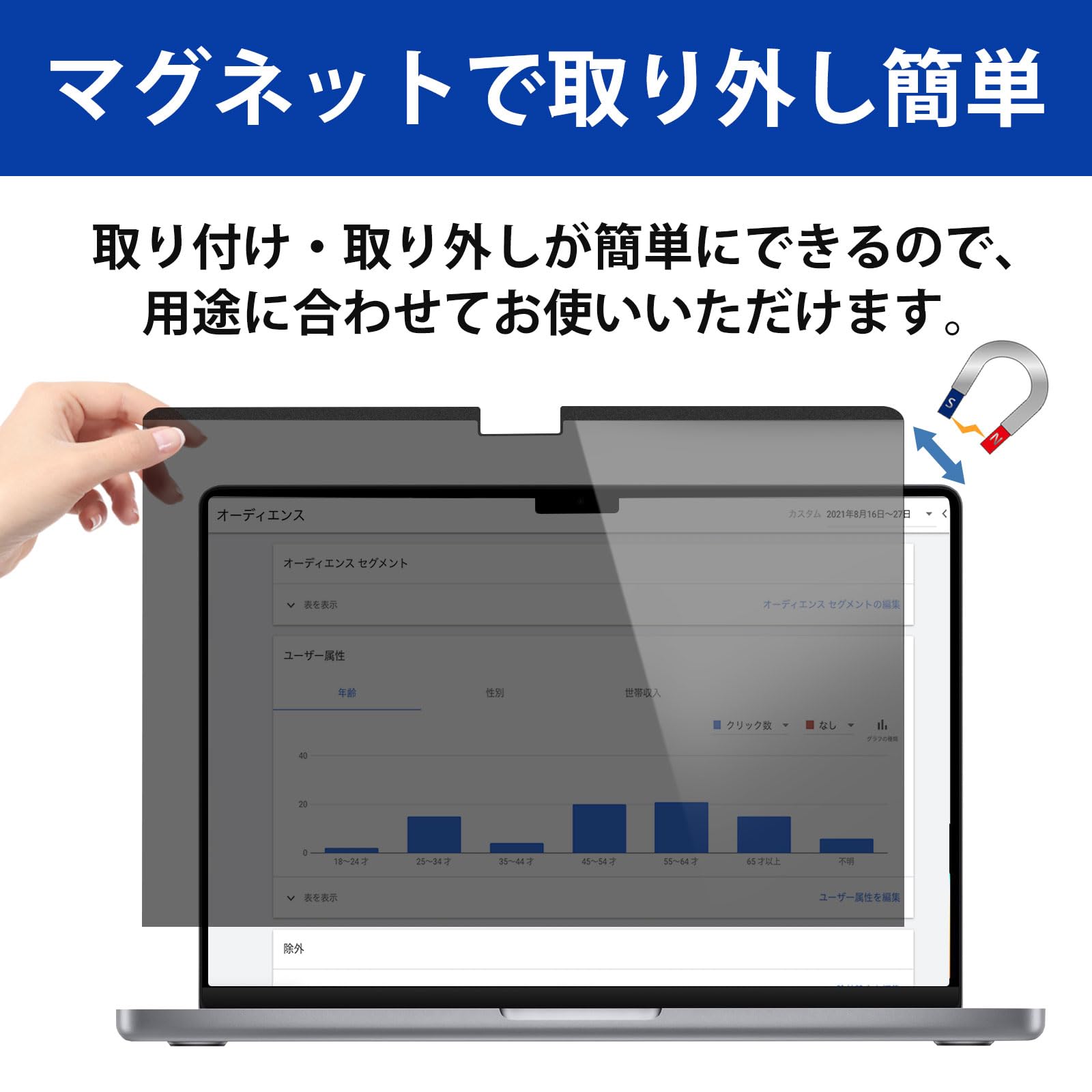 MacBook Pro 14インチ (2024/2023/2021年モデル)用 マグネット式 プライバシーフィルター のぞき見防止 フィルム 反射防止 ブルーライトカット 傷防止 両面使用