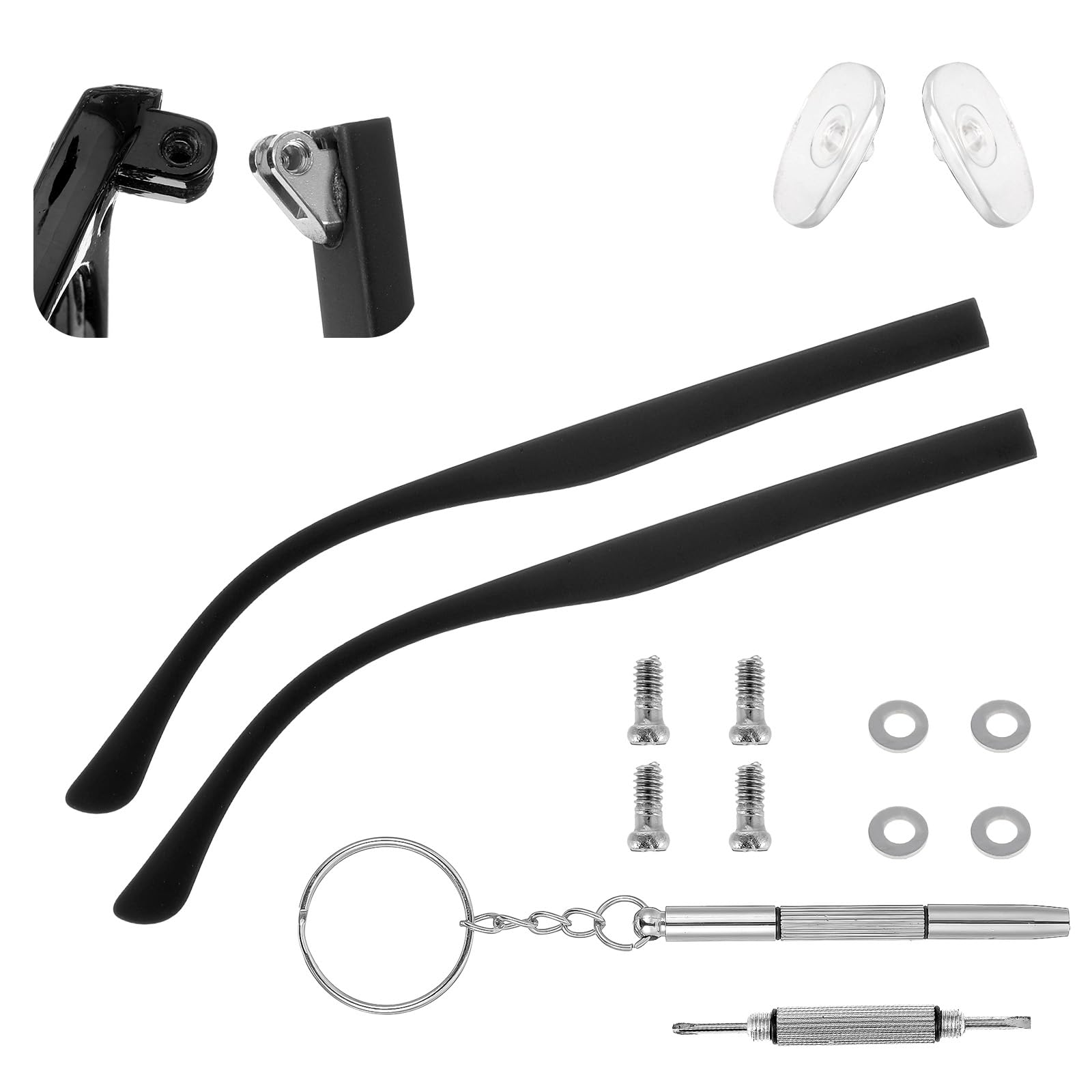 Photo 1 of 1Pair Glasses Arm Replacement, Universal Glasses Repair Kit with Screws, Eyeglasses Arm Legs Replacement Accessories with Screws Washers Screwdrivers Nose Pads(Black)