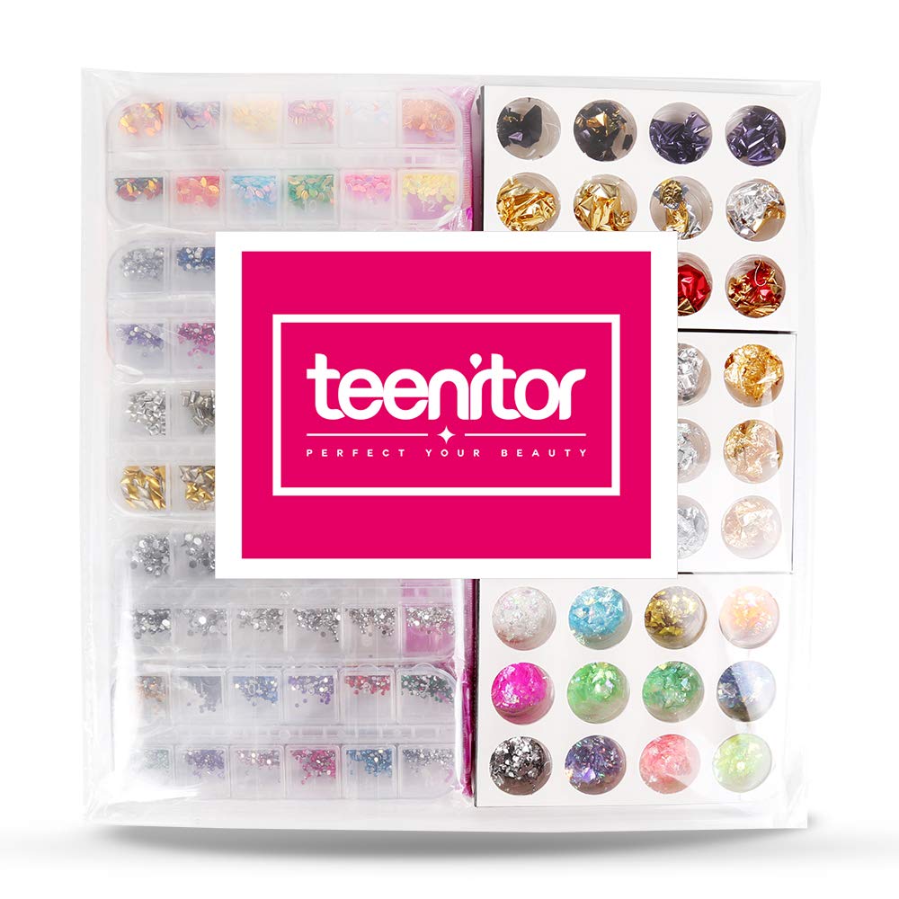 5 box 11440pcs Nails Rhinestones and 36 Pots Foils Flakes, Teenitor professional Nail Decoration with Gems for Nails Stud Foil for Nails Art: Beauty