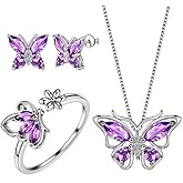 Caiyao Butterfly Crystal Jewelry Set with Butterfly Necklace Stud Earrings Adjustable Ring for Women Dainty Butterfly Jewelry Gifts