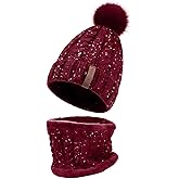 LCZTN Womens Pom Beanie Hat Scarf Set Girls Cute Winter Ski Hat Slouchy Knit Skull Cap with Fleece Lined