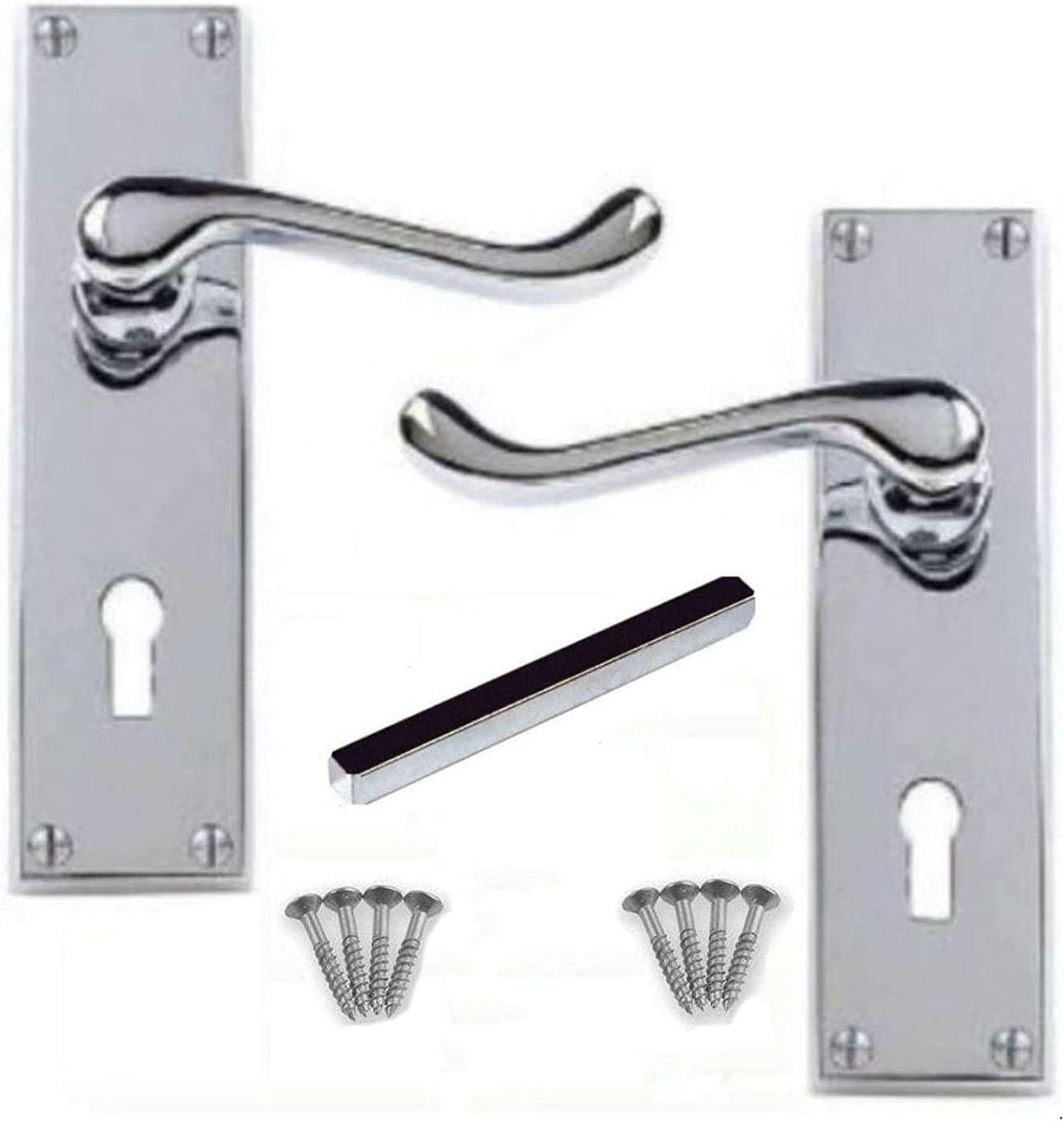 IRONZONE® A Set of Quality Polished Chrome Victorian Scroll Lever Lock Door Handles, Includes fixings and Fittings for Internal Doors
