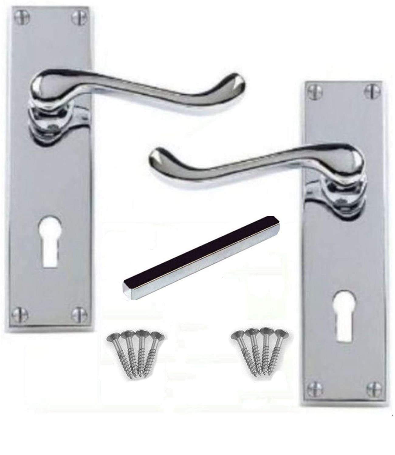 IRONZONE® A Set of Quality Polished Chrome Victorian Scroll Lever Lock Door Handles, Includes fixings and Fittings for Internal Doors