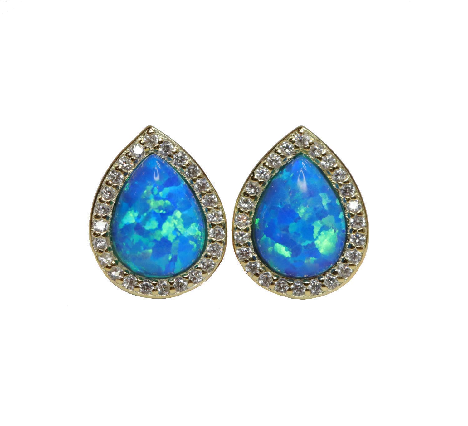 Ocean Blue Opal Stud Earring Teardrop Shape Azure Blue