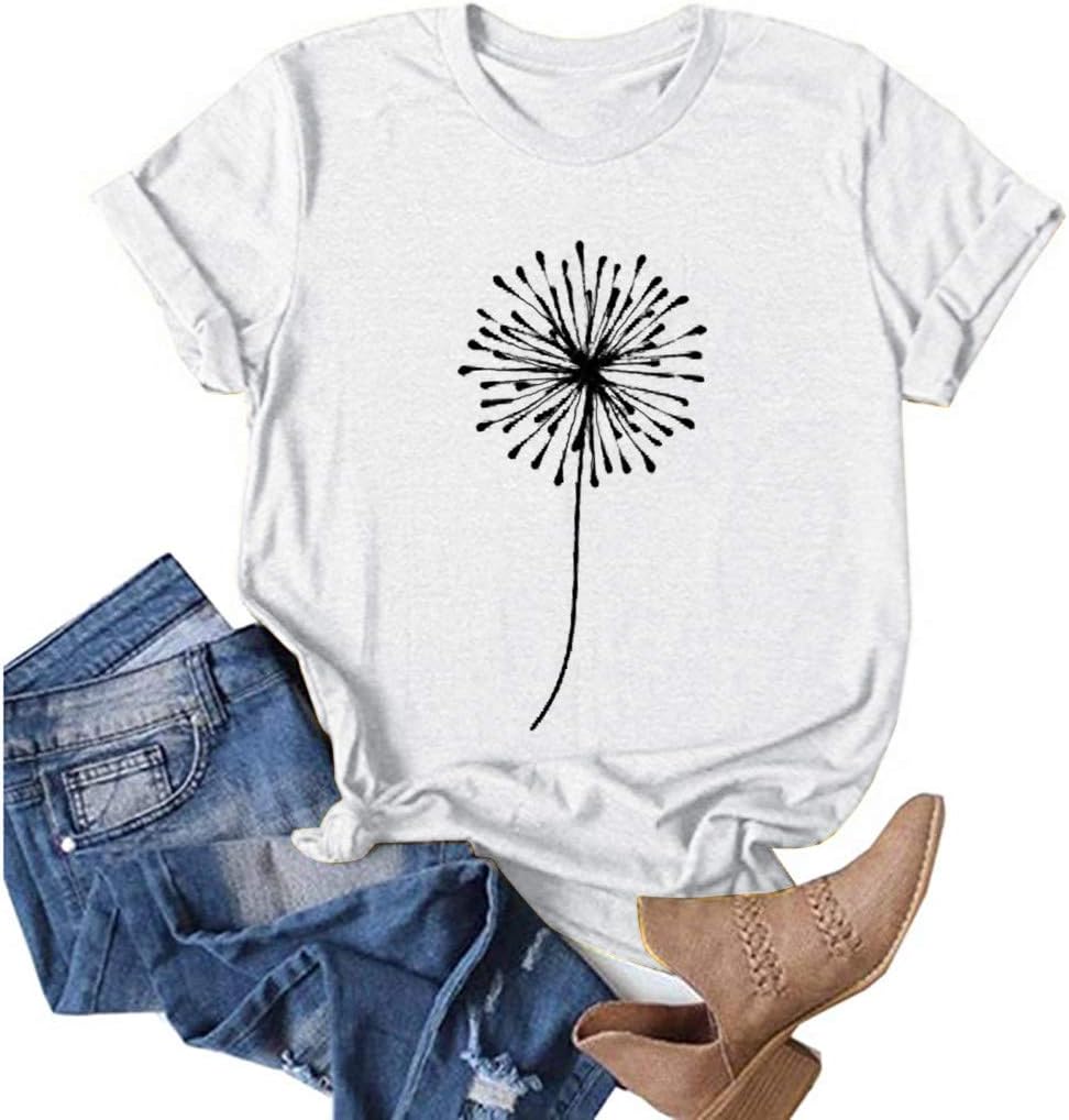 T-Shirt for Women, Womens Summer Casual Dandelion T Shirts Vintage Short Sleeve Round Neck Graphic Tees Tops