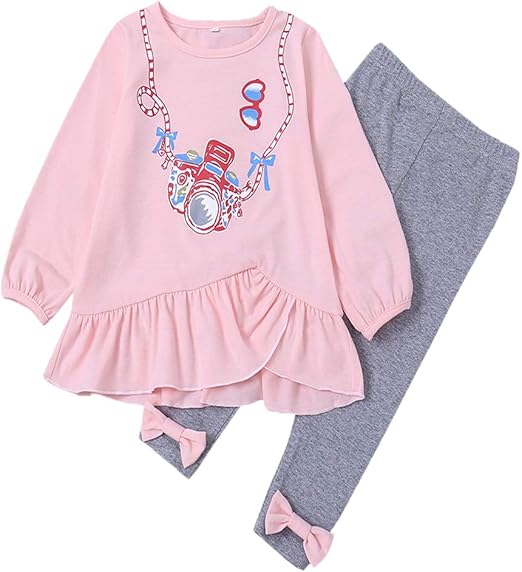 Amazon Co Jp 幼児 赤ちゃん 女の子 パンツセット フリル付き長袖コットントップ グレー蝶結びレギンス 秋服2点セット Us サイズ 4 5t カラー ピンク 服 ファッション小物