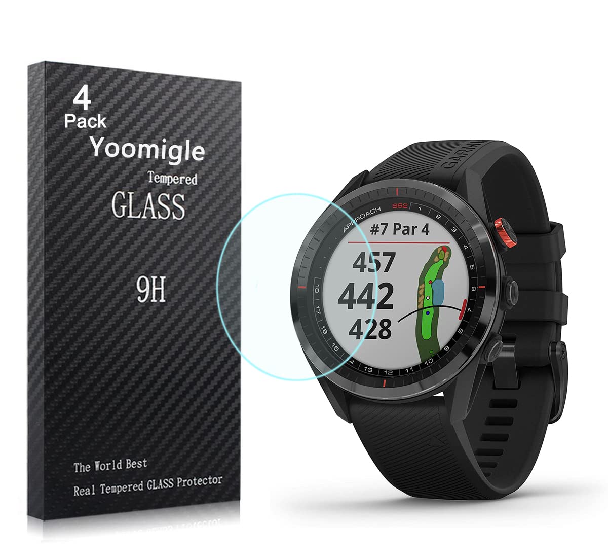 Yoomigle 4 Pack Compatible with Garmin Approach S62 Screen Protector Tempered Glass for Garmin S62 Watch Screen Protector Foils Glass 9H Hardness 0.3MM Slim Anti-Scratch Anti-Fingerprint No Bubble