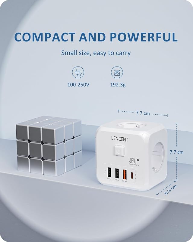 Lencent usb plug cube com carregamento rápido pd35w, ladron plug 4000w com 3 tomadas ca, 3 usb e 1 pd35w, multiple wall plug cube com interruptor, carregador usb para família, cozinha e escritório