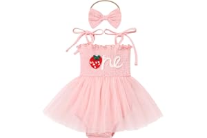 IMEKIS Baby Girl Strawberry One Birthday Outfit Boho Romper Tulle Dress Headband Summer Cake Smash Photo Shoot