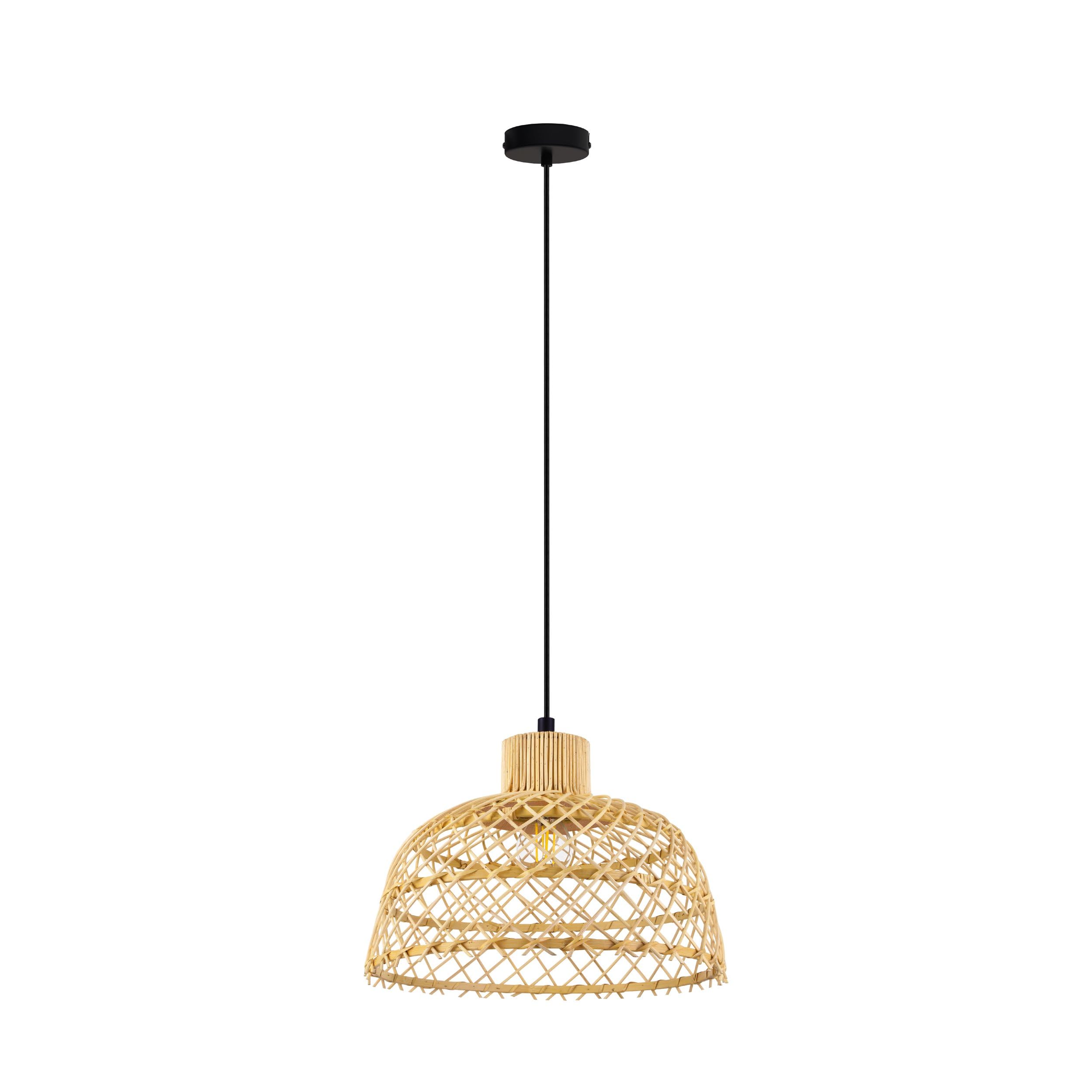 Eglo Ausnby Scandinavian Pendant Light, Vintage/Boho Ceiling Light Fitting, Dining Room and Living Room Hanging Lamp in Natural Wood and Black Mental, E27 Socket