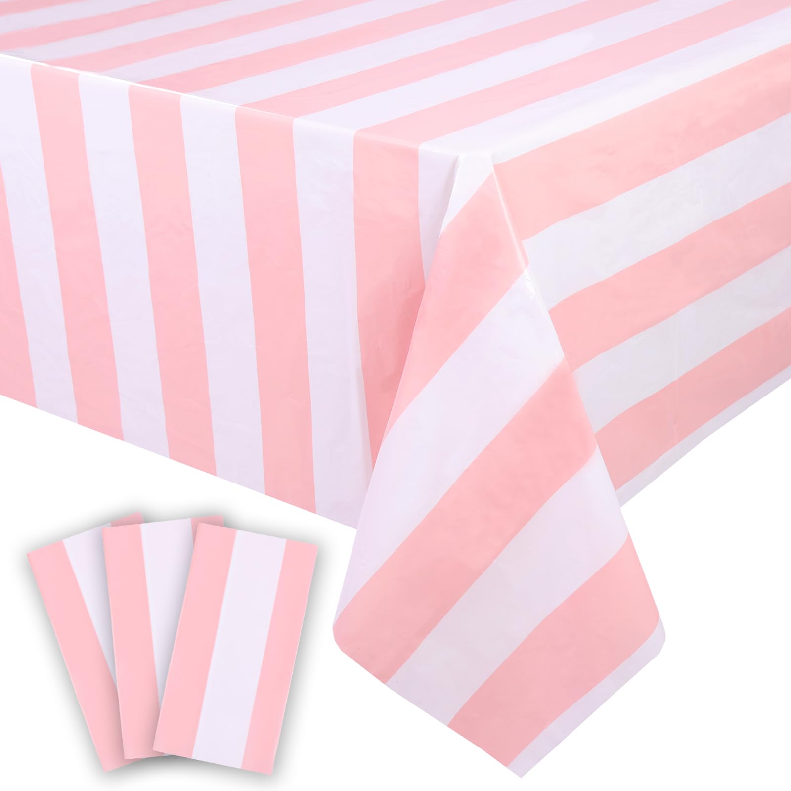Photo 1 of Kesfey 3 Packs Pink and White Horizontal Striped Table Cloth 54 x 108 Inches Pink Stripe Tablecloths Disposable Plastic Stripe Table Covers Waterproof Rectangle Picnic Tablecover for Birthday Party