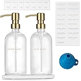 Glass Soap Dispenser - Dish Hand Soap Dispenser Set for Kitchen, Bathroom Soap Lotion Dispenser with 304 Rust Proof Pump, Tray, Clear Bottle/Gold Pump