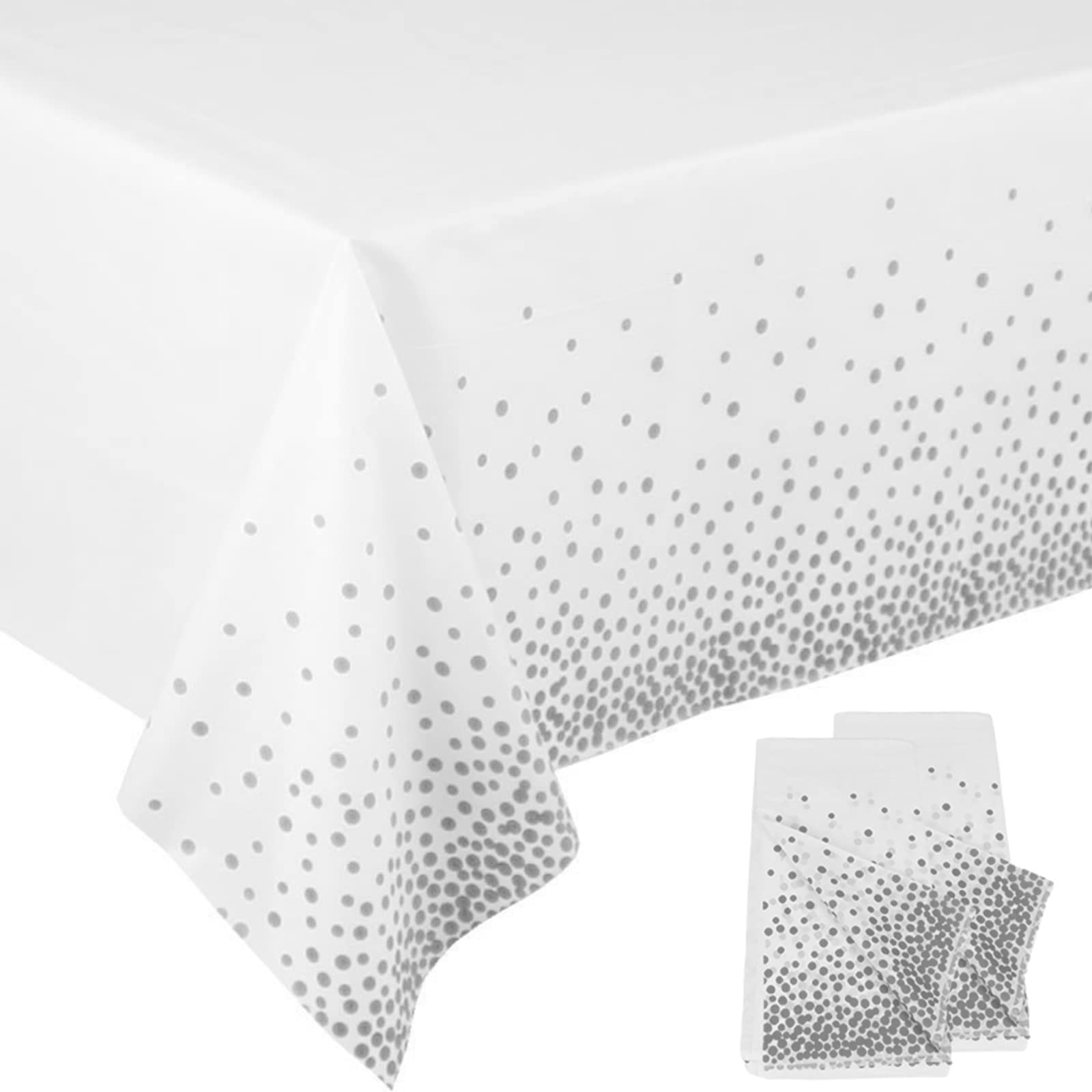 2Pcs White and Silver Dotted Confetti Party Table Cloth 54 * 108 inch Large Plastic Waterproof Table Cover Rectangular Tablecloth for Birthday,Baby Shower,Wedding,Picnic,Party Decoration