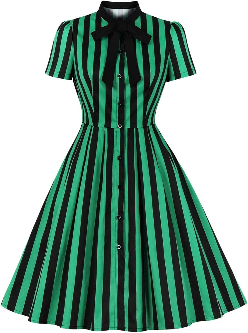 Wellwits Women's Stripes Print Tie Neck Pocket Vintage Button Down Shirt Dress