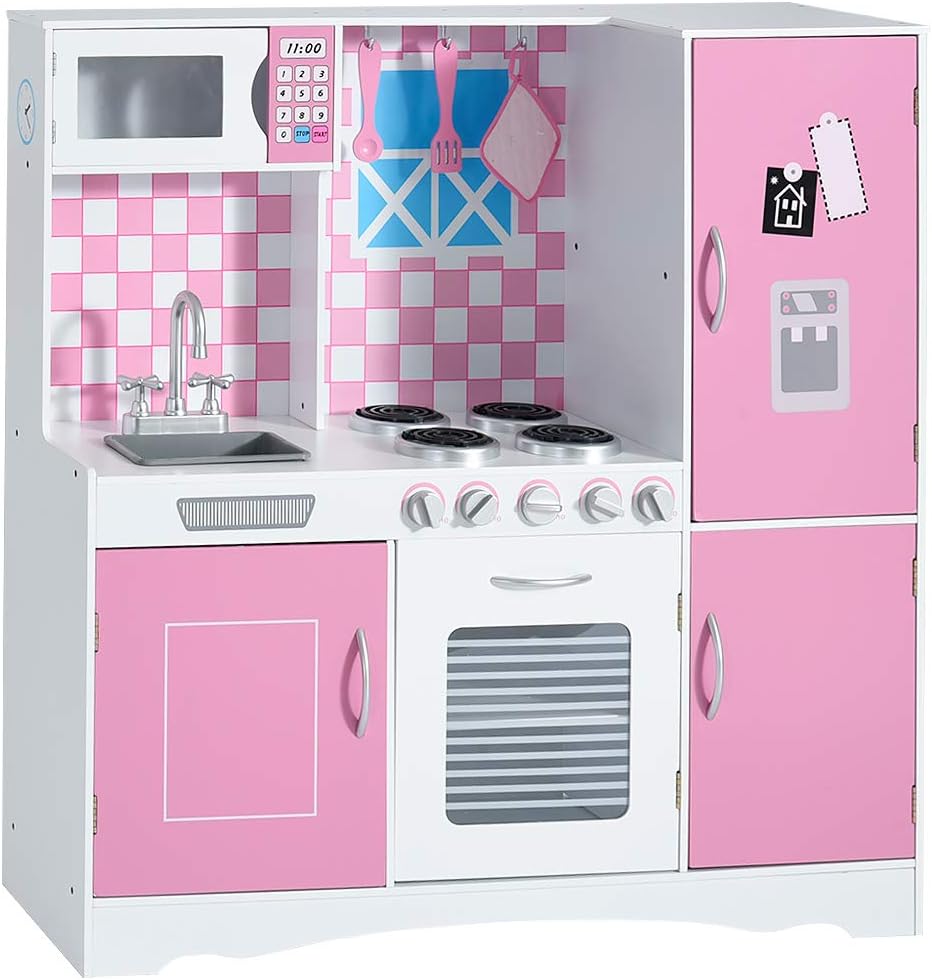 pink wooden play kitchen