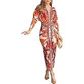 CHICME Women's Bodycon Long Sleeve Dress Casual Plunge V Neck Ruched Midi Dress Fall Bodycon Slit Office Work Dresses