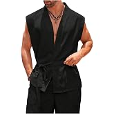 OYOANGLE Men's Deep V Neck Tank Tops Japanese Belted Loose Vest Shirts | Sleeveless，Men Festival Outfit，Summer Beach Top,Sexy,Vacation T Shirt Tops, Basic Tank Shirts, Boho T Shirt