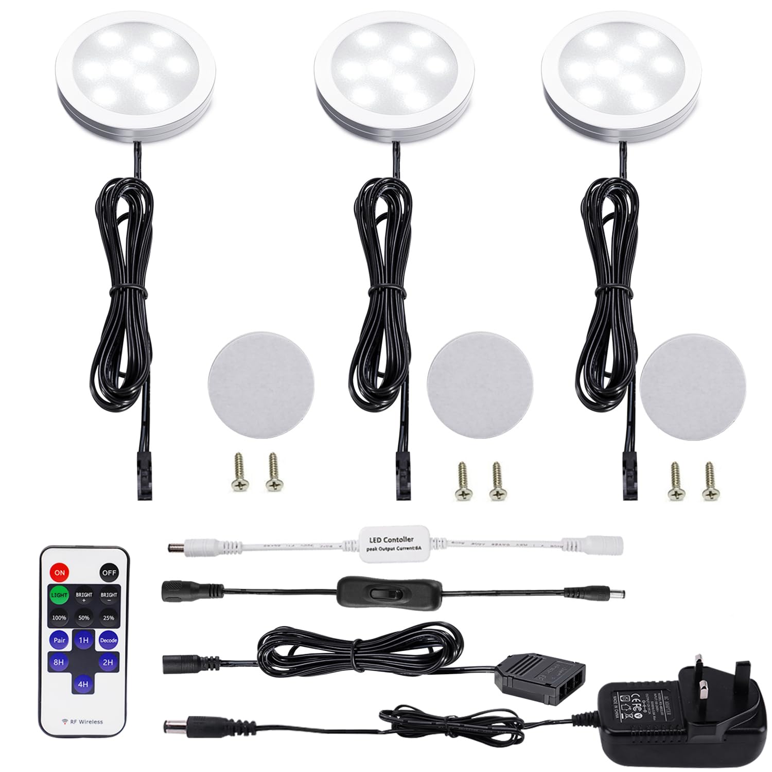 AIBOO Under Cabinet Kitchen Lights 3 Pack With Remote Control, LED Puck Lights With Wired Mains 6W for Cupboard Counter Shelf, Daylight White 6000K