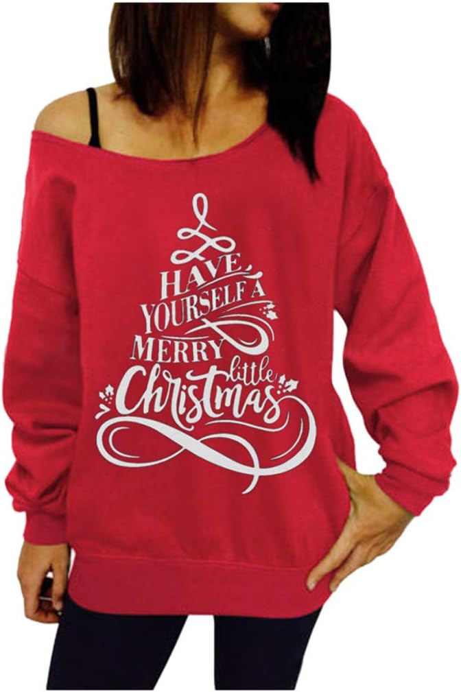 Womens Xmas Off Shoulder Tops Blouse,Ladies Girls Christmas Reinder Snowflake Letter Printing Long Sleeves T-Shirt