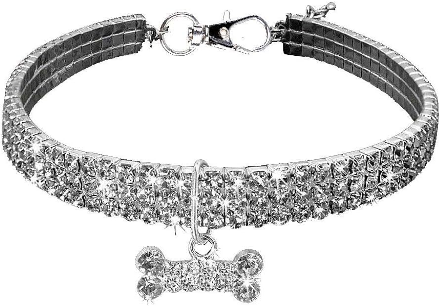 Dog Necklace,Pet Collars for Dogs with Bling Cute Bone Necklace Rhinestone Chocker Puppy Cat Girl Jewelry Adjustable