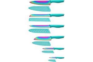 Marco Almond Kitchen Knife Set, KYA37 12-Piece Rainbow Titanium Stainless Steel Boxed Knives Set for Kitchen with Covers, 6 Knives with 6 Blade Guards