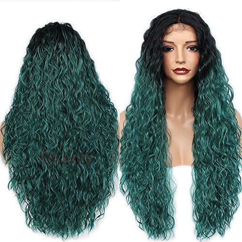 Oxeely Synthetic Lace Front Wig Ombre Two Tone Green Color Loose Curly With Baby Hair High Ponytail Natural Curly Lace Front Wig For Women