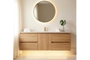 ESSENCIA 48 inch Floating Bathroom Vanity, with LED Light Motion Sensor, Water Resistant Wood Cabinet, Heavy Duty Sintered St